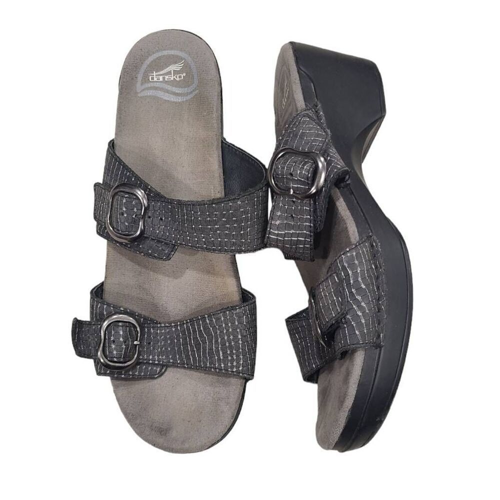 Dansko Crocodile Wedge Sandals Womens EU 41 Gray Genuine Leather Straps Slide On